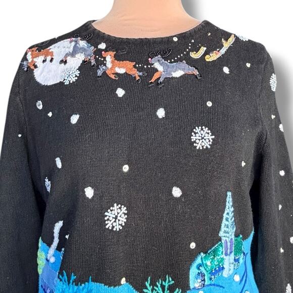 Vintage Michael Simon Event XL Holiday Village Sweater Black Blue Bead  Applique - Picture 3 of 13